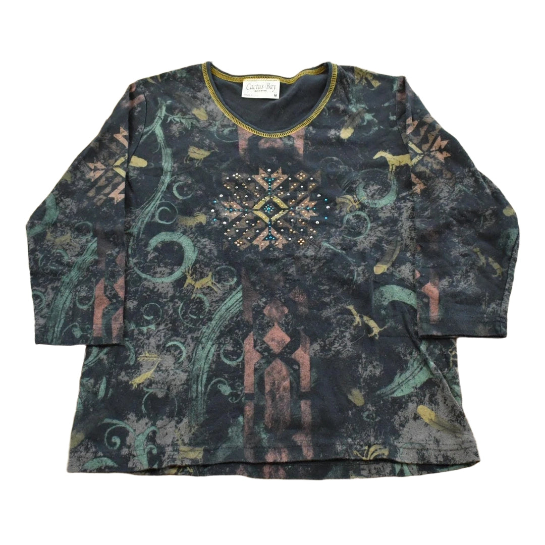 Vintage Y2K Cactus Bay Abstract Print AOP Crewneck Shirt Women's M