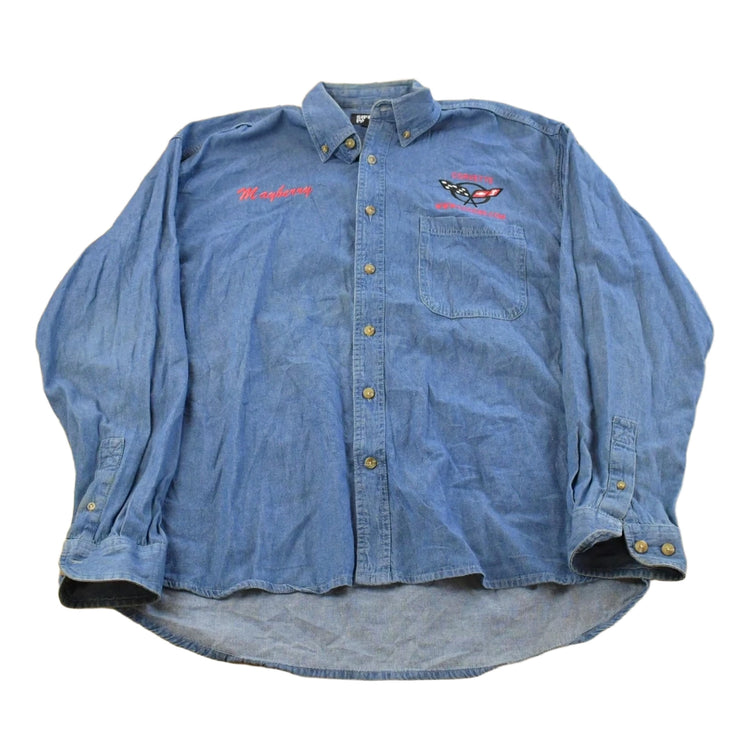 Vintage 1990s Corvette Embroidered Denim Button Up Shirt Men's XL