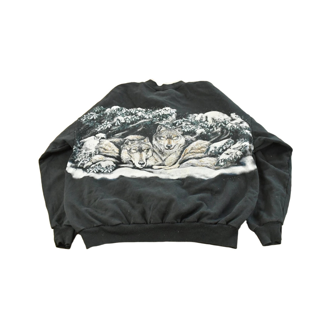 Vintage 1990s Wolf Theme All Over Print Henley Sweatshirt Men's 2XL