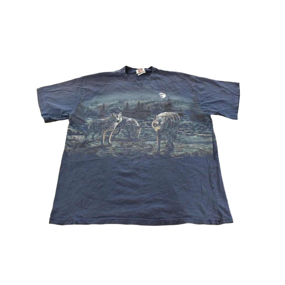 Vintage 1990s Wolf Theme All Over Print Graphic T-Shirt Men's XL