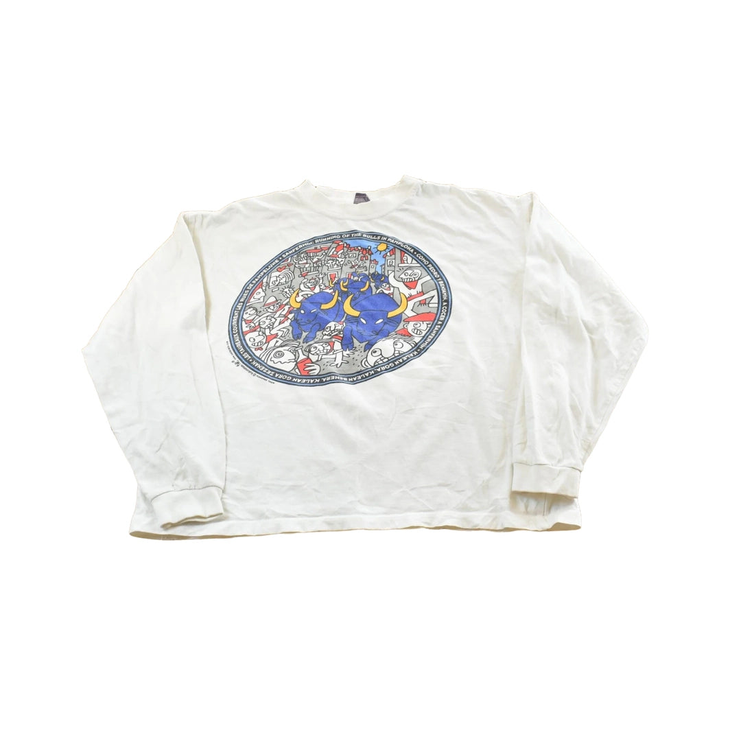 Vintage 2000s Kukuxumusu Running of the Bulls Pamplona Spain Long Sleeve Souvenir T-Shirt Men's M