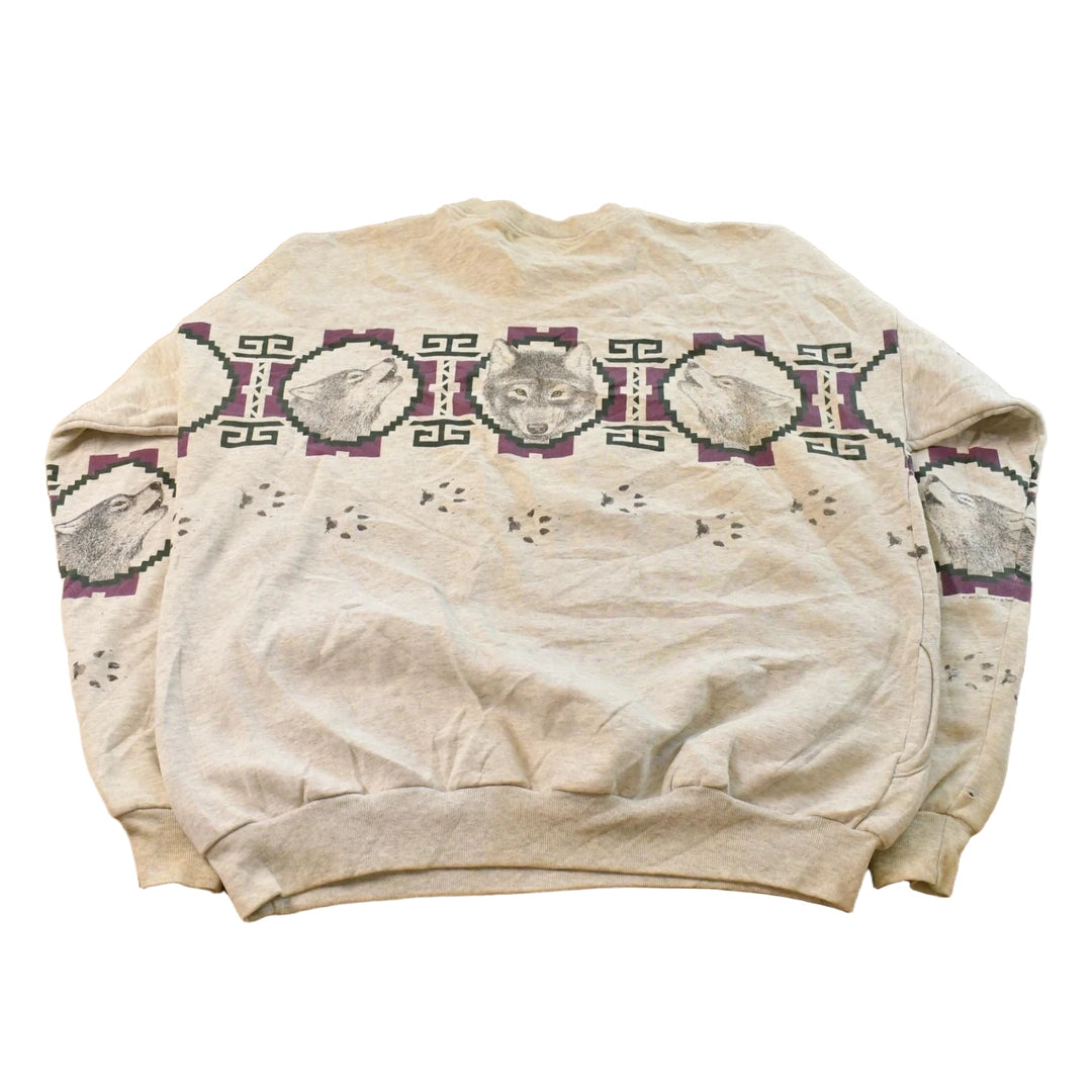 Vintage 1990s Aztec Wolf Theme Crewneck Sweatshirt Men's 2XL