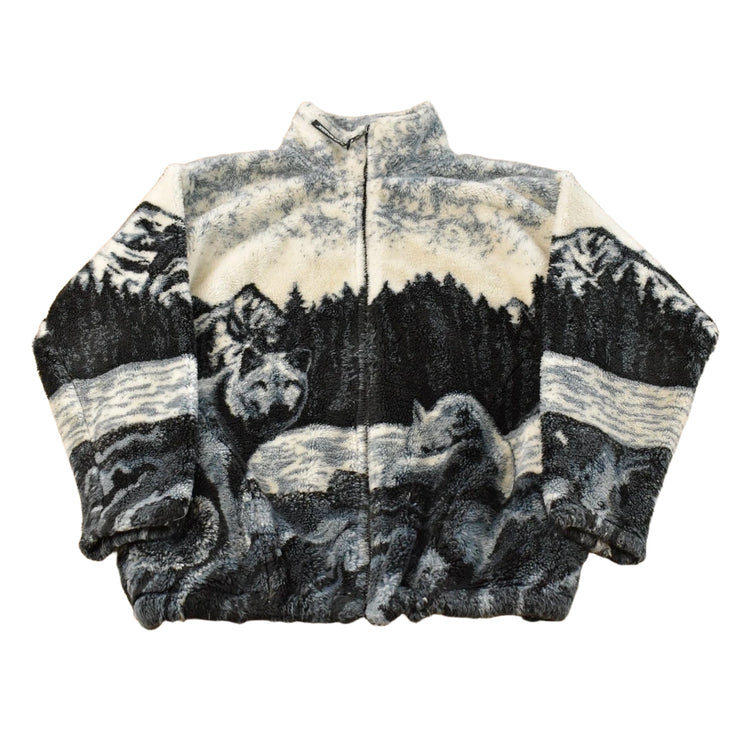 Vintage 1990s Black Mountain Wolf Theme All Over Print Zip Up Fleece Sweater Men's M
