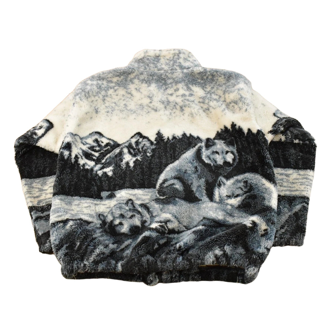 Vintage 1990s Black Mountain Wolf Theme All Over Print Zip Up Fleece Sweater Men's M