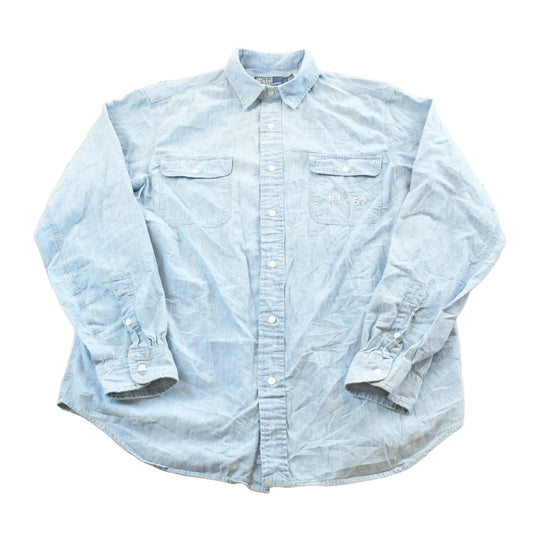 Vintage 1990s Polo Ralph Lauren Chambray RL Quality Goods American Flag Embroidered Button Down Shirt Men's L
