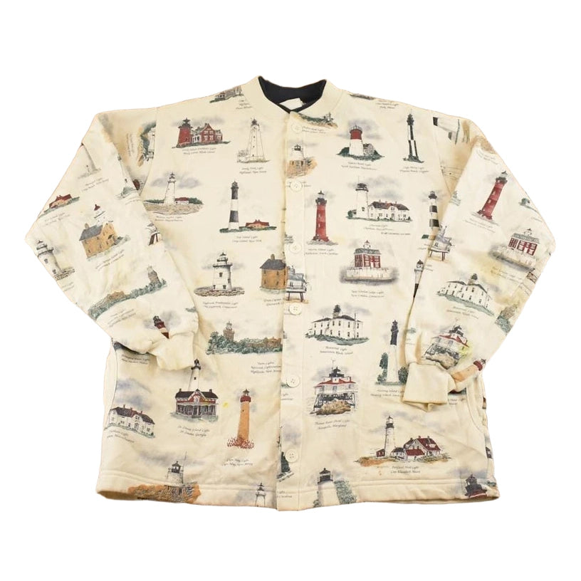Vintage 1990s Art Unlimited AOP Lighthouses Button Up Souvenir Sweatshirt Mens L