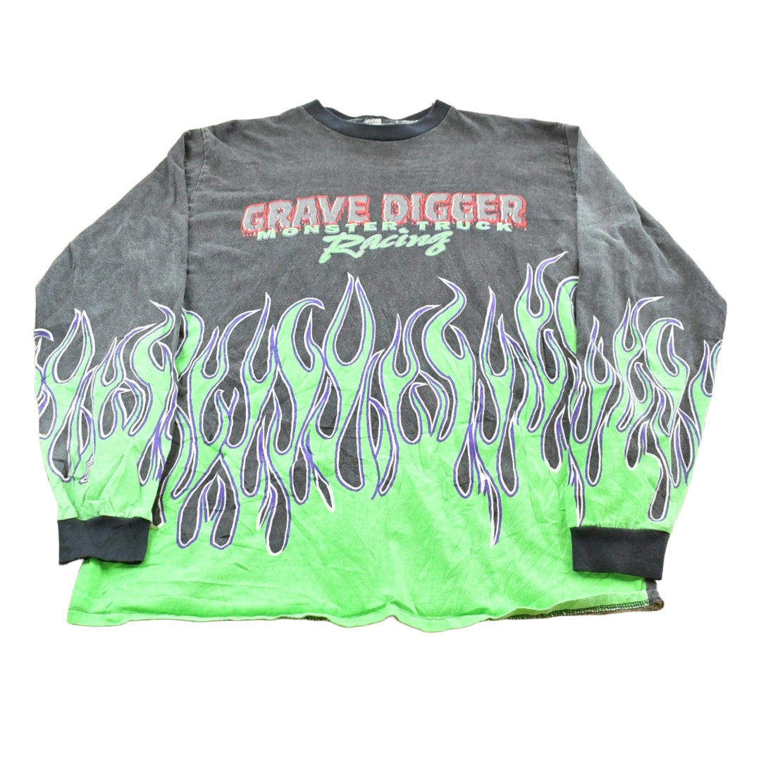 Vintage 1990s Grave Digger Flame AOP Monster Truck Graphic Long Sleeve T-Shirt Men's XL