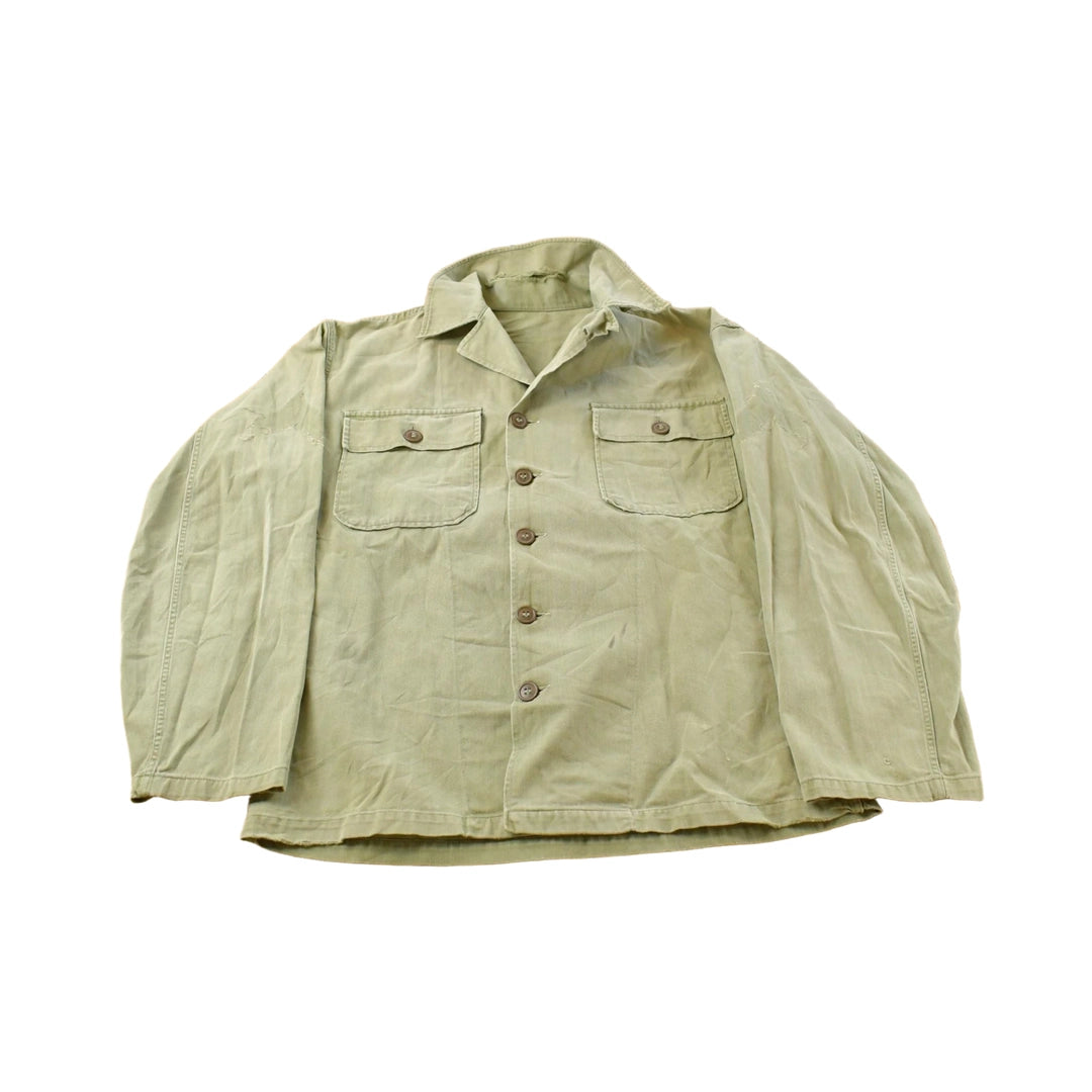 Vintage 1940s Military HBT Olive Drab Button Up Shirt Men's Medium