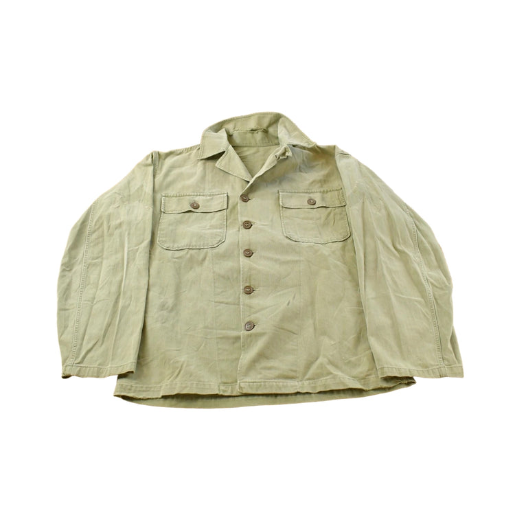 Vintage 1940s Military HBT Olive Drab Button Up Shirt Men's Medium