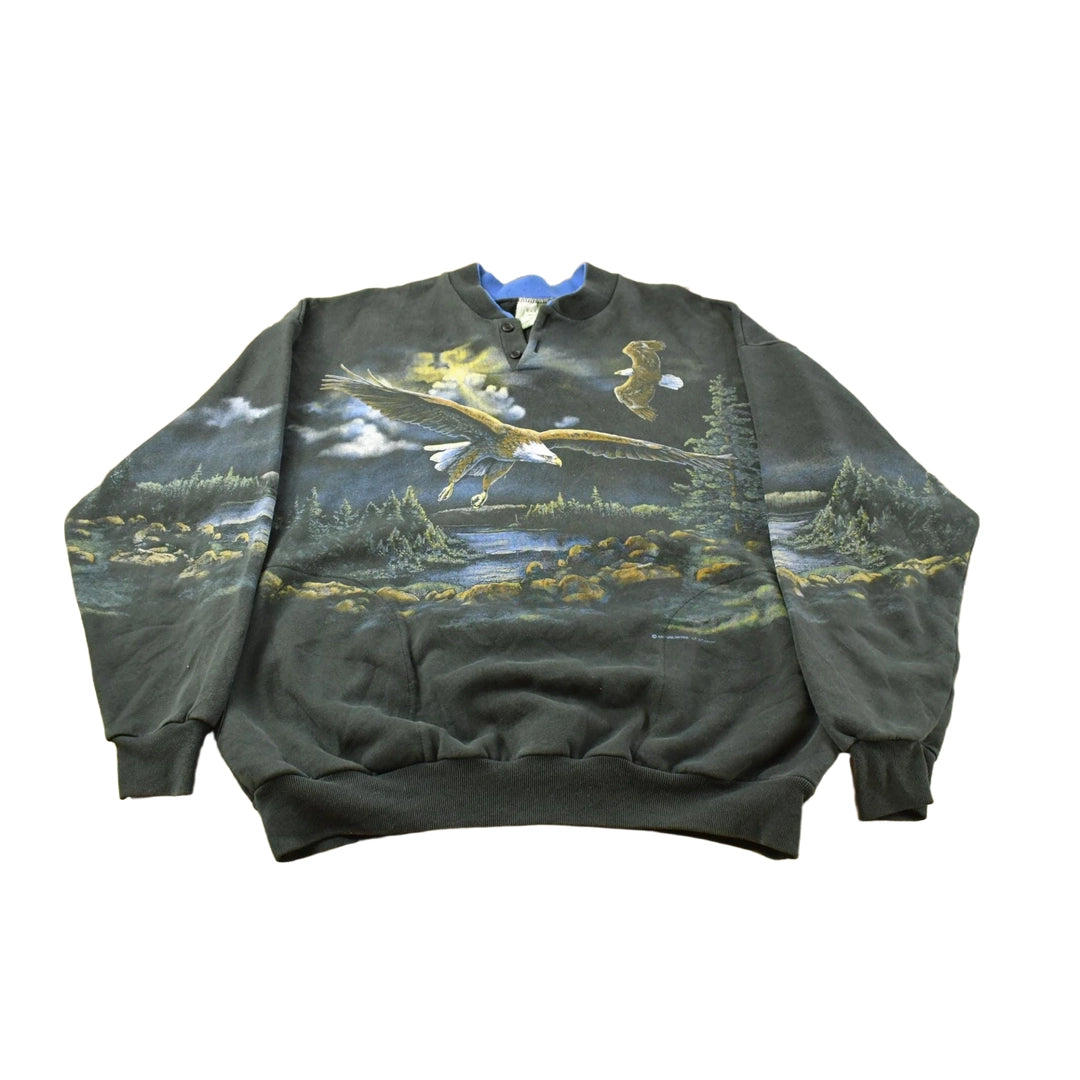 Vintage 1990s Eagle Nature All Over Print Henley Sweatshirt Men's L