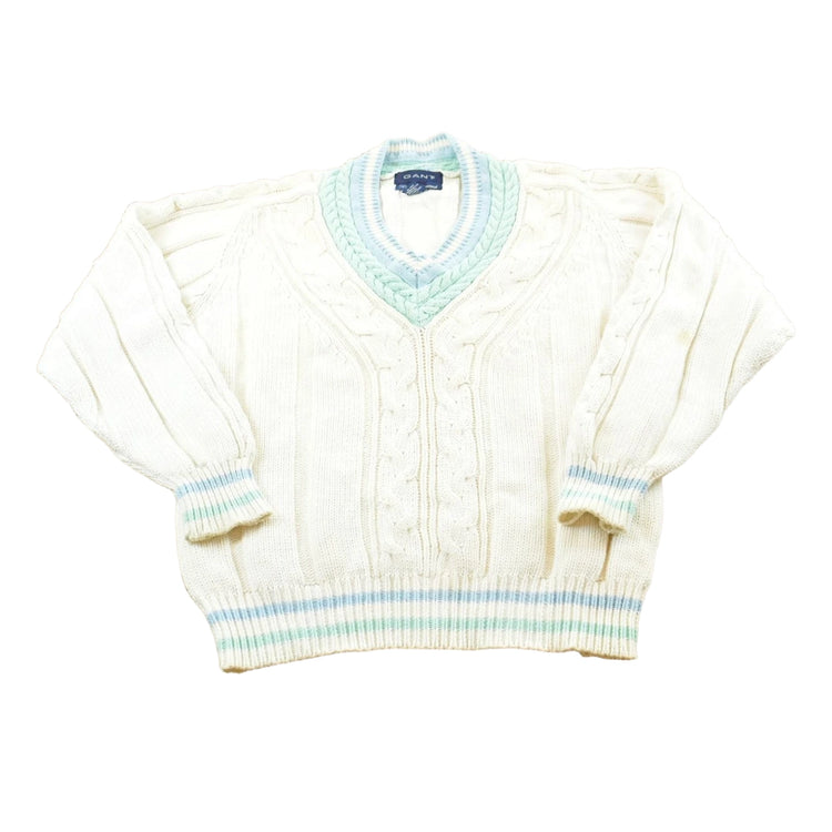 Vintage 1980s Gant Hand Framed Cable Knit Cotton Knit V-neck Sweater Mens