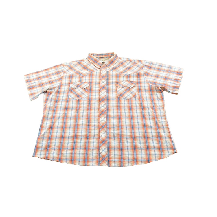 Vintage 1990s Wrangler Western Shirts Plaid Pearl Snap Short Sleeve Button Up Shirt Mens 2XL