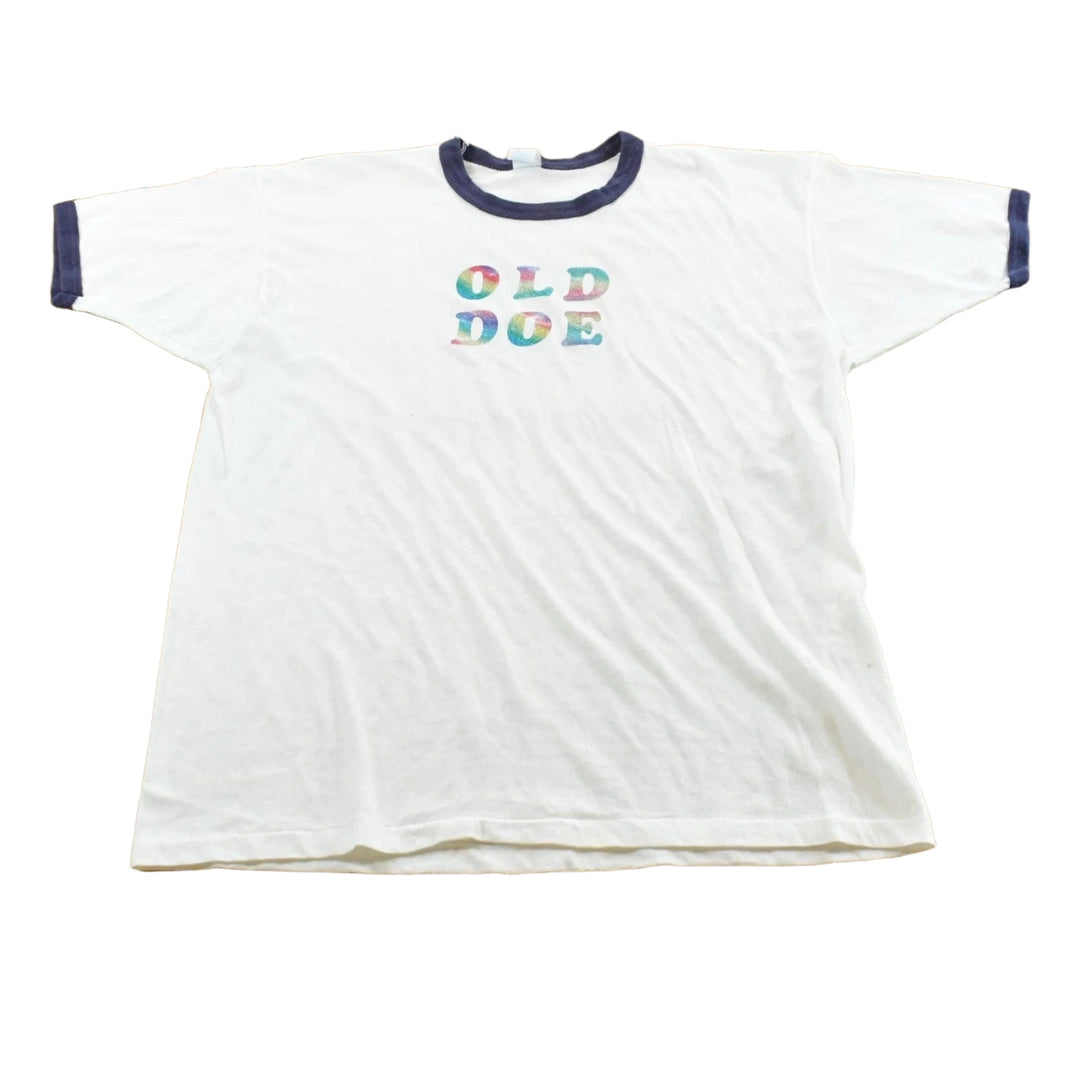 Vintage 1980s Old Doe Rainbow Iron On Print Ringer T-Shirt Men's M