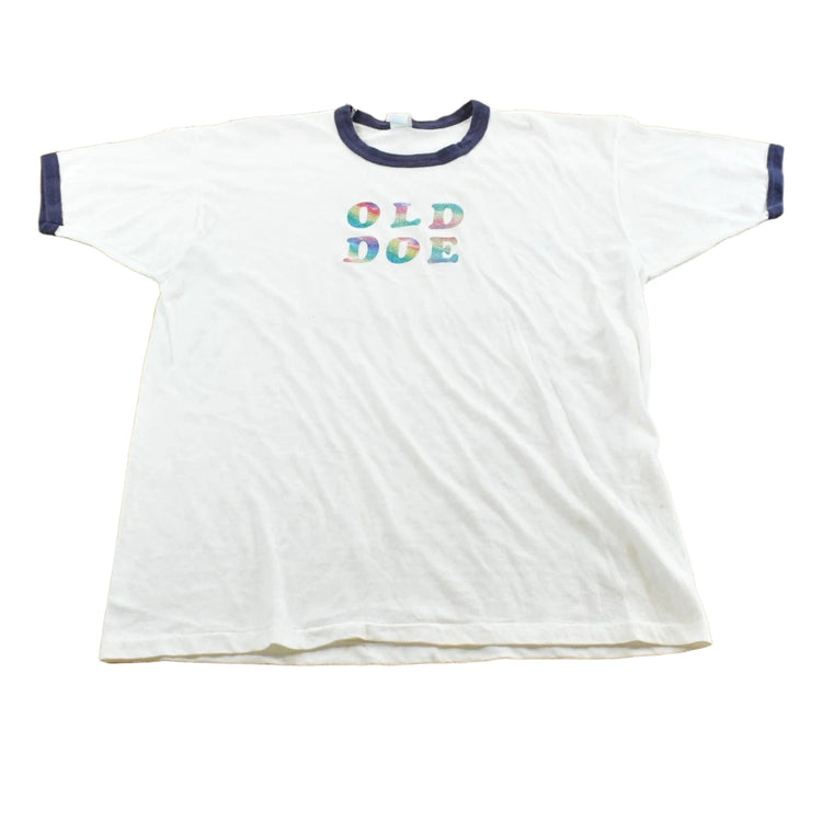 Vintage 1980s Old Doe Rainbow Iron On Print Ringer T-Shirt Men's M