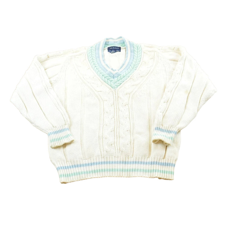 Vintage 1980s Gant Hand Framed Cable Knit Cotton Knit V-neck Sweater Mens Men's Medium