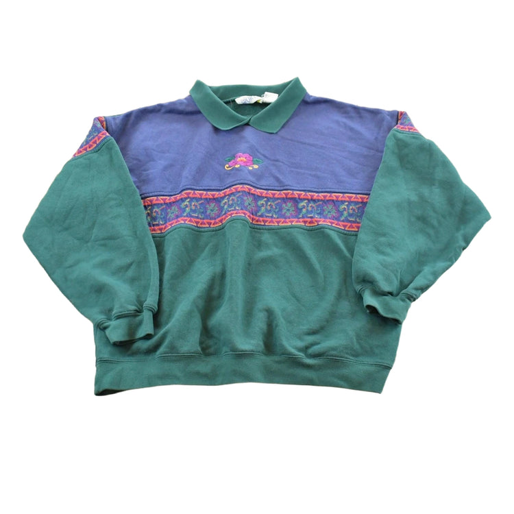 Vintage 1990s American Sportif Flower Embroidered Collared Crewneck Mens S