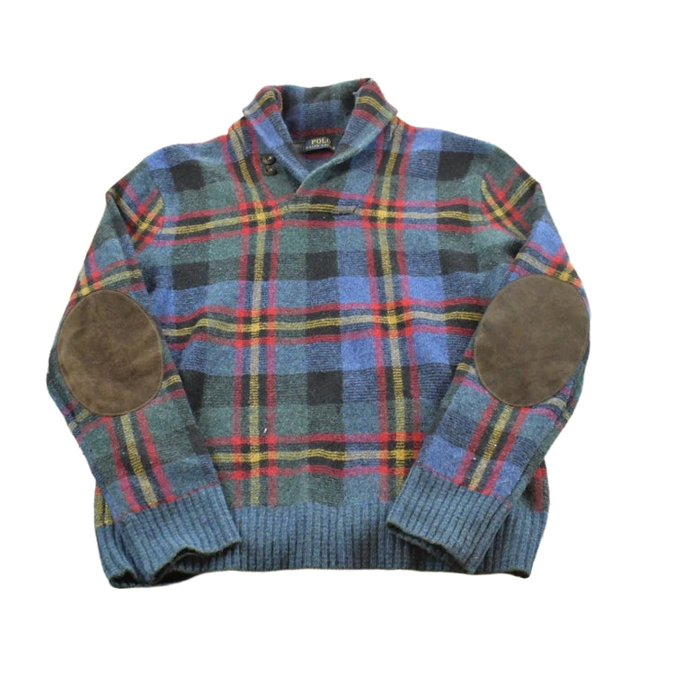 Vintage 2000s Polo By Ralph Lauren Shawl Wool Knit Plaid Sweater Men's S