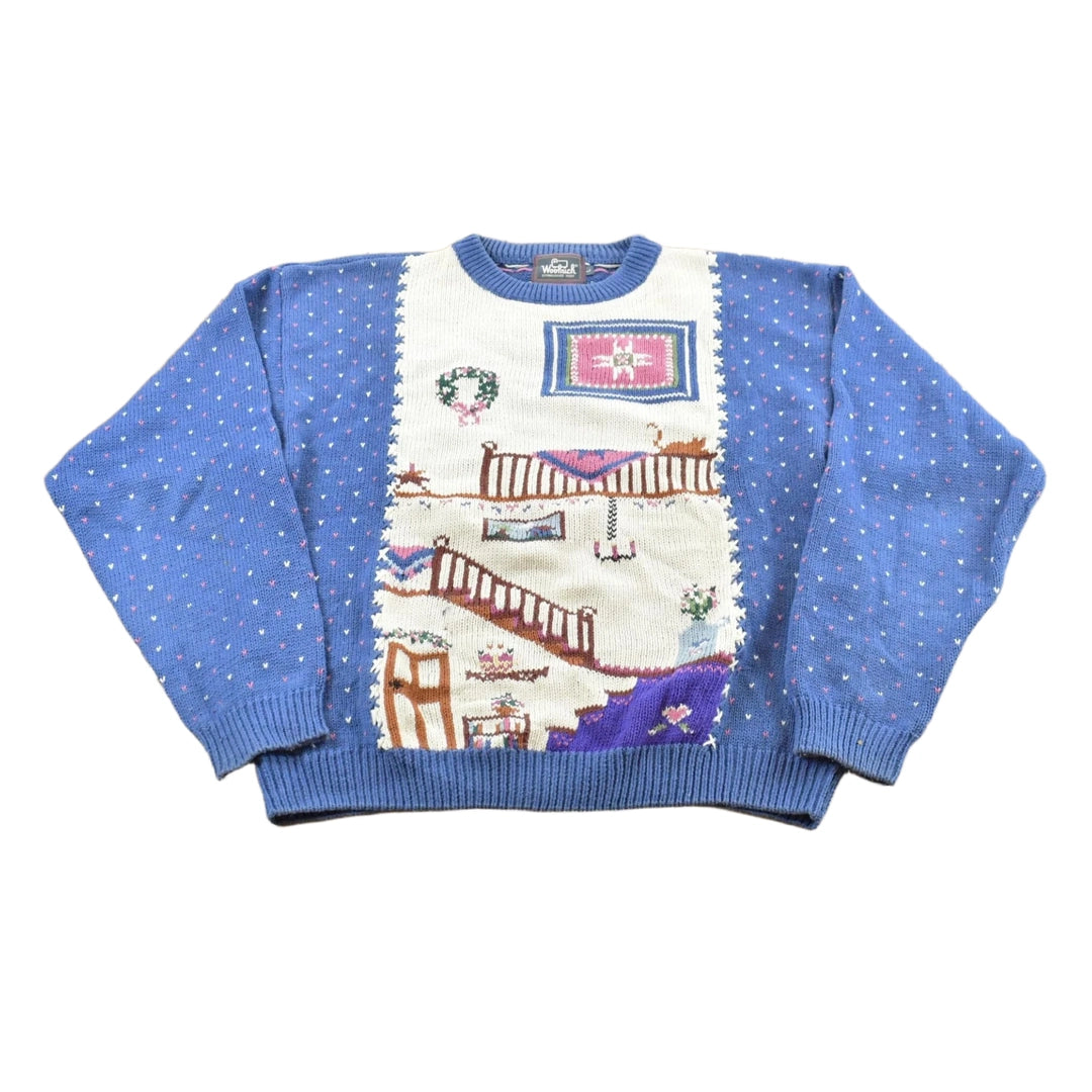 Vintage 1990s Woolrich Home Sweet Home Hand-framed Wool Knit Sweater Men's S