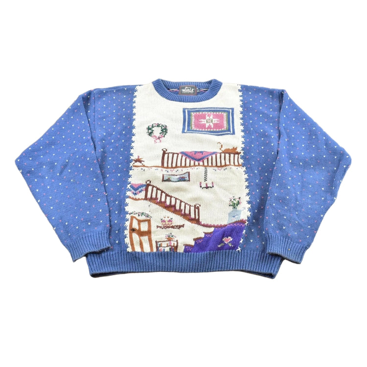 Vintage 1990s Woolrich Home Sweet Home Hand-framed Wool Knit Sweater Men's S