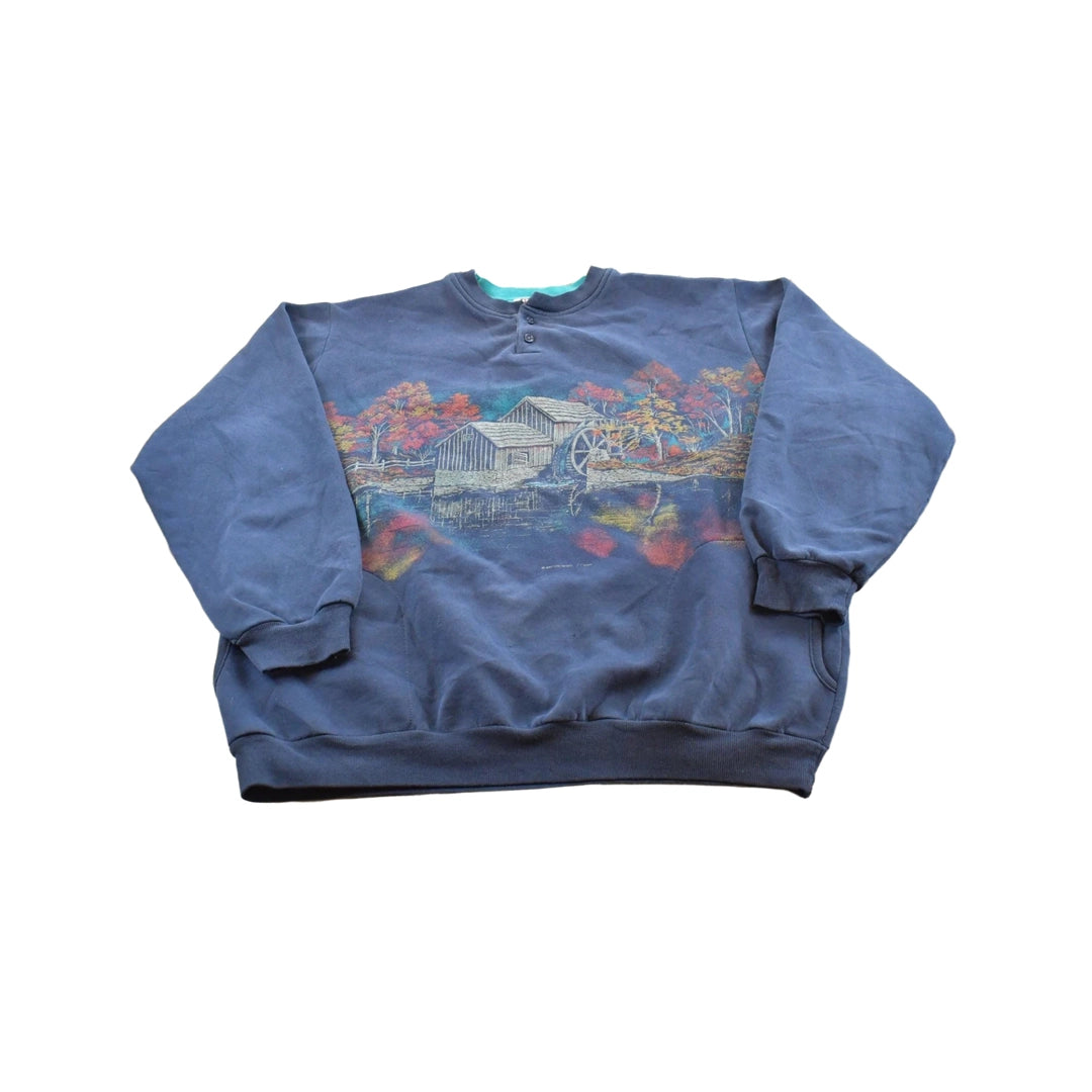 Vintage 1990s Water Wheel Forest All Over Print Quarter Button Sweater Men's XL