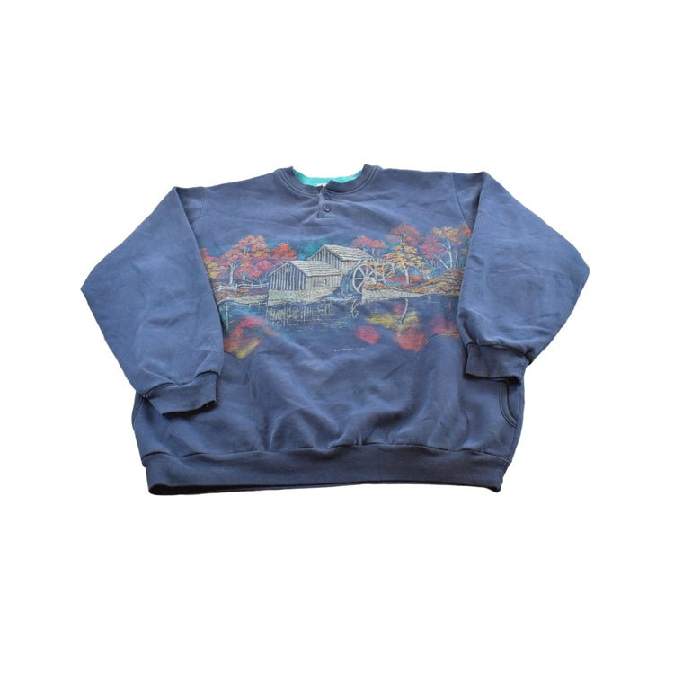 Vintage 1990s Water Wheel Forest All Over Print Quarter Button Sweater Men's XL