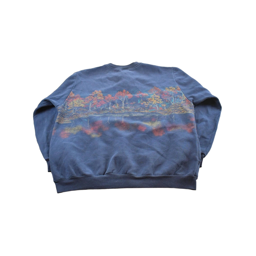 Vintage 1990s Water Wheel Forest All Over Print Quarter Button Sweater Men's XL