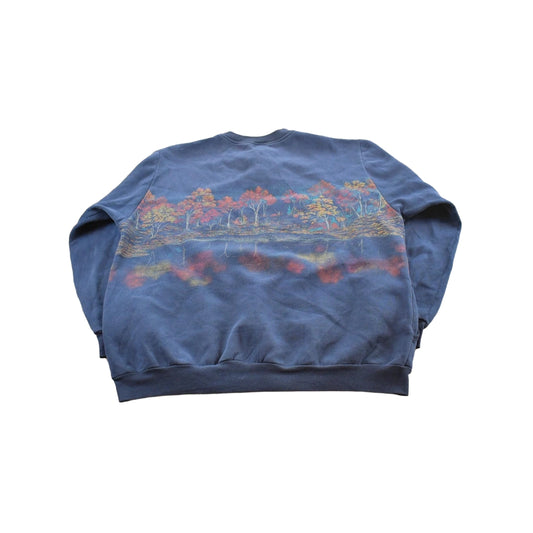 Vintage 1990s Water Wheel Forest All Over Print Quarter Button Sweater Men's XL