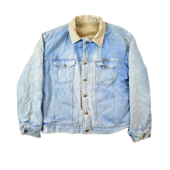 Vintage 1990s Distressed Faded Wrangler Synthetic Fur Lined Jean Jacket