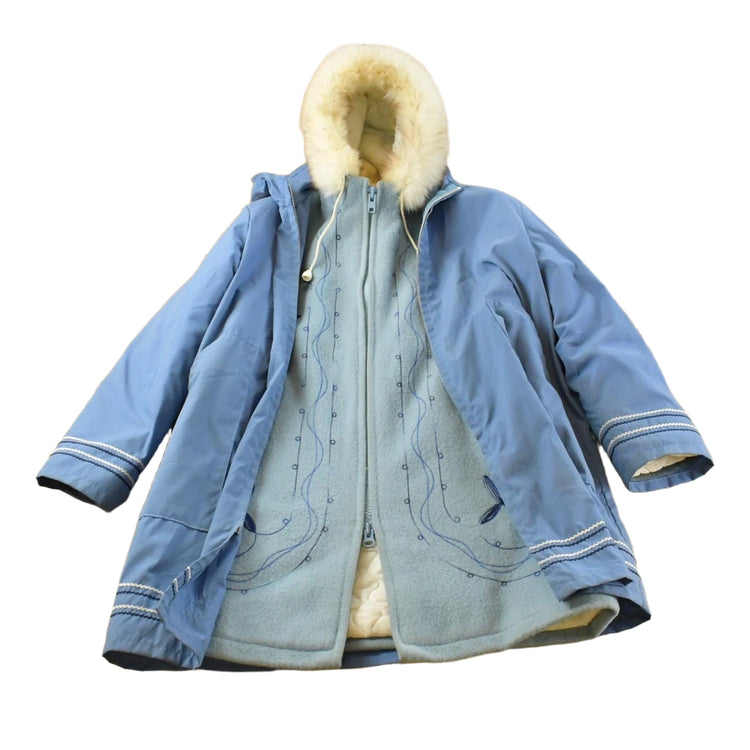 Vintage 1970s Hudson Bay Wool Embroidered Parka Jacket Shell Fur Trim Women's L