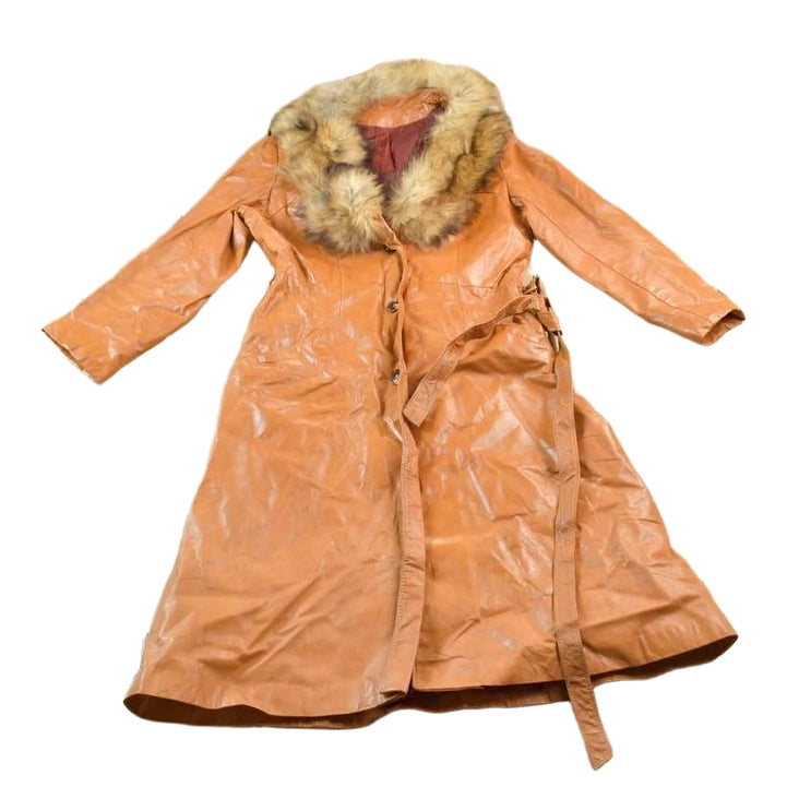 Vintage 1970s Genuine Leather Fox Fur Collar Trench Coat