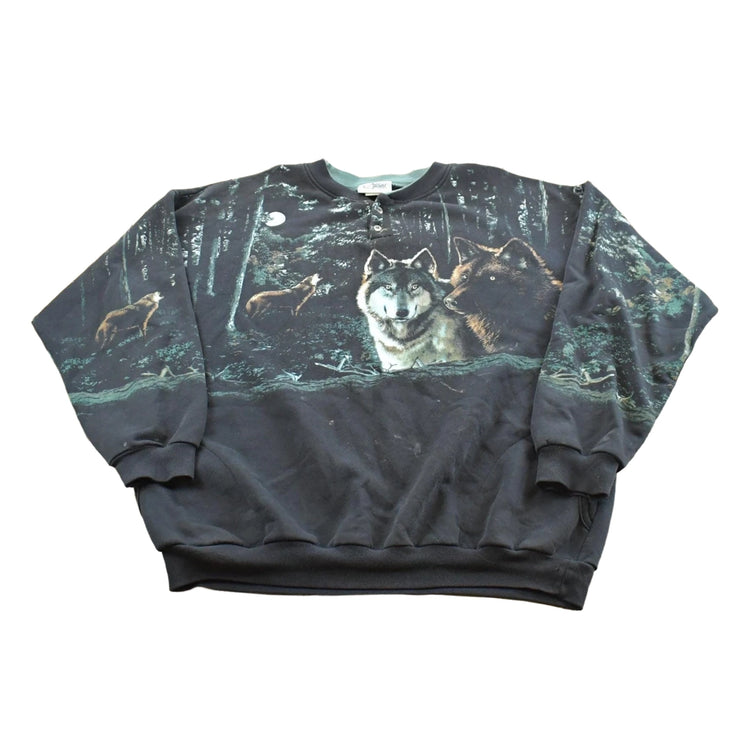 Vintage 1990s Wolf Theme All Over Print Henley Sweatshirt Men's XL