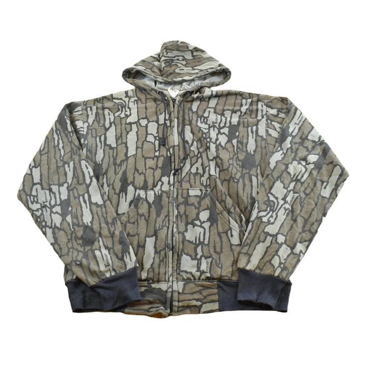 Vintage 1990s Ace Sportswear Realtree Trebark Camo Full Zip Graphic Fleece Lined Hoodie Sweatshirt Men's M