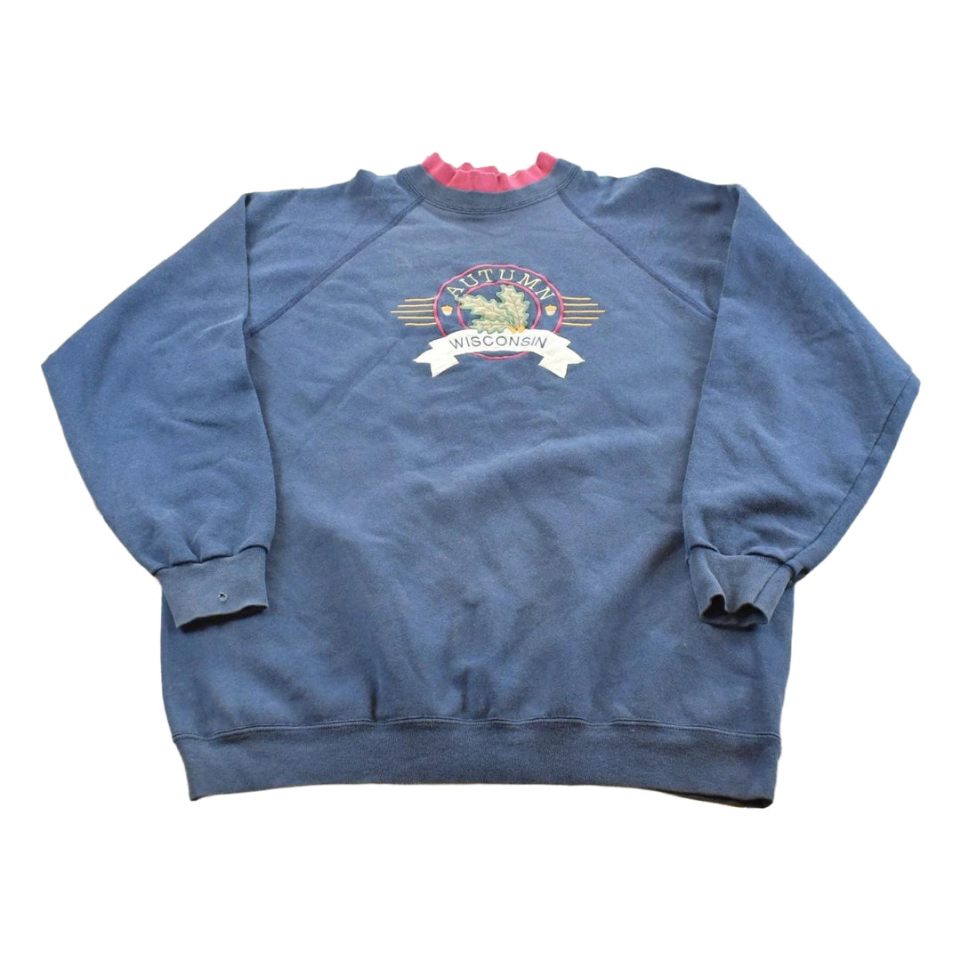 Vintage 1990s Double Collar Wisconsin Autumn Embroidered Crewneck Sweatshirt Men's L