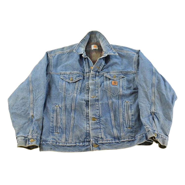 Vintage 1990s Carhartt Distressed Blanket Lined Denim Work Jacket Men's L