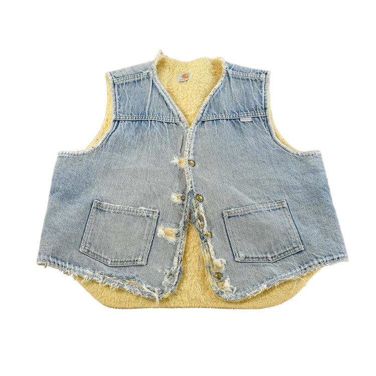 Vintage 1980s Carhartt Distressed Sherpa Lined Denim Work Vest Jacket Men's M