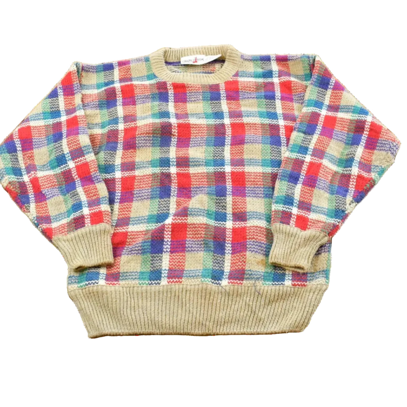 Vintage 1980s Crazy Horse Knit Plaid Crewneck Sweater Men's XS