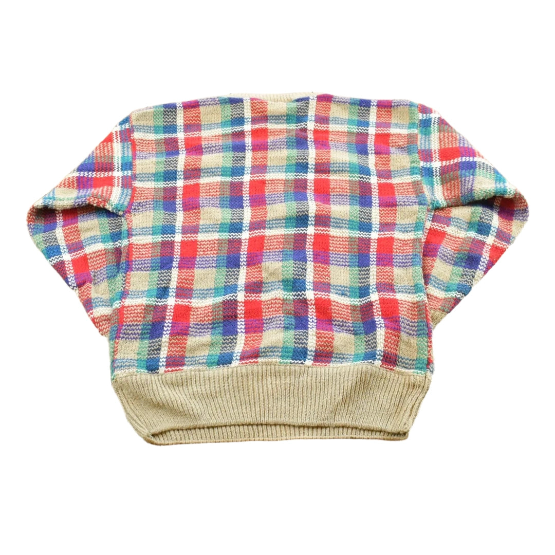 Vintage 1980s Crazy Horse Knit Plaid Crewneck Sweater Men's XS