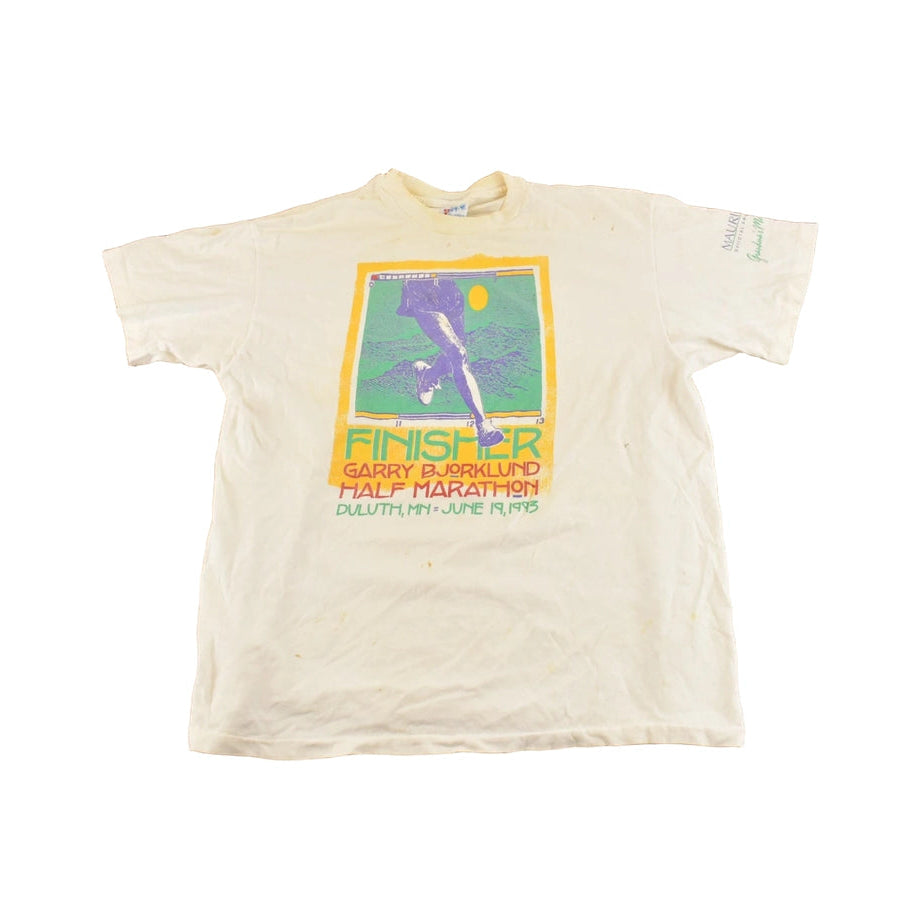 Vintage 1990s Garry Bjorklund Half Marathon Finisher Graphic T-Shirt Men's M