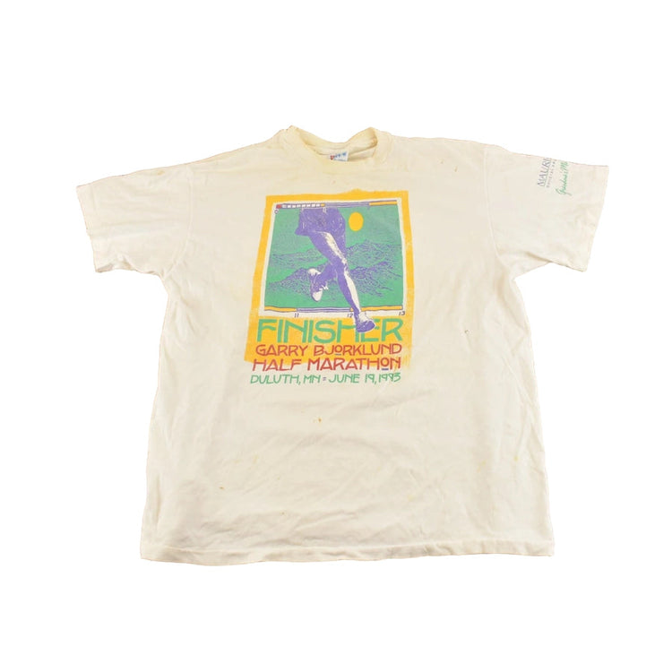 Vintage 1990s Garry Bjorklund Half Marathon Finisher Graphic T-Shirt Men's M