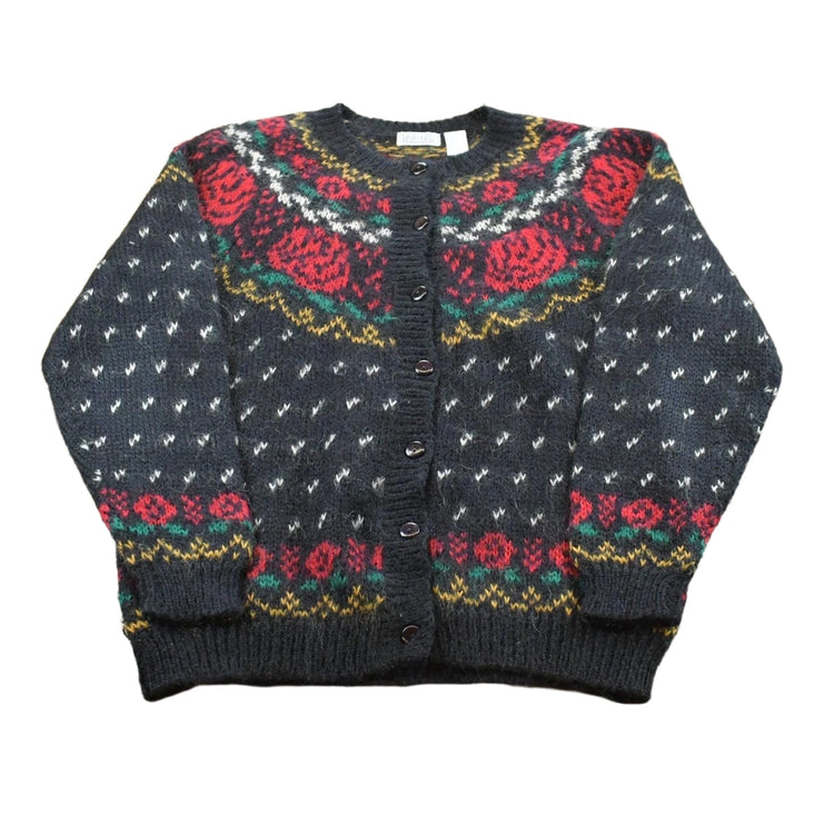 Vintage 1980s Ashley Mohair Blend Roses Button Up Knit Cardigan Sweater Women's XL