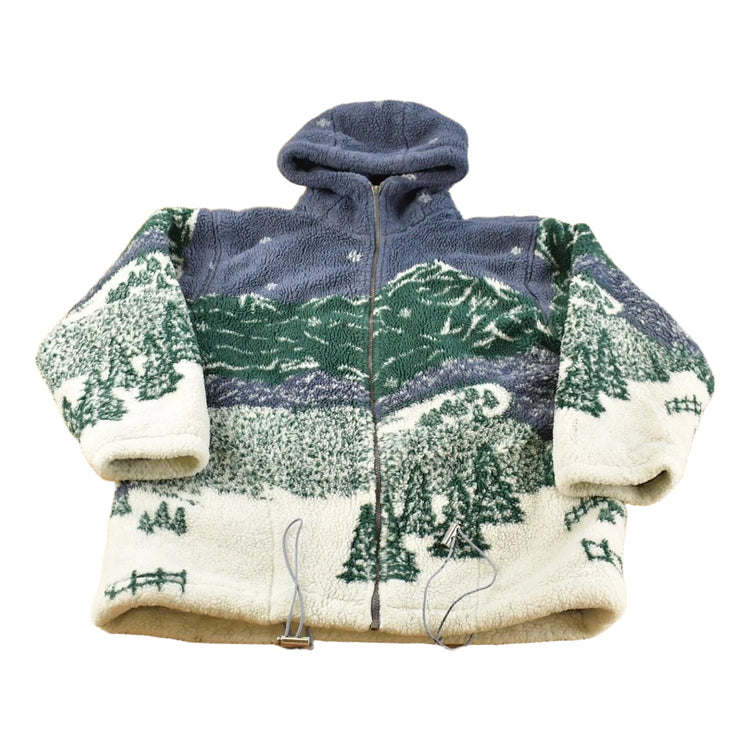Vintage 1990s Winter Forrest Theme All Over Print Quilt Lined Fleece Jacket Men's L