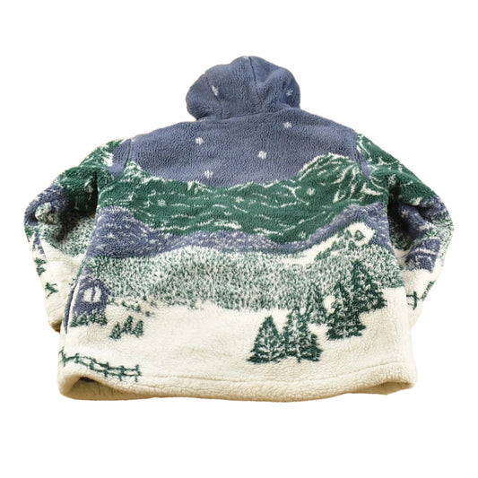 Vintage 1990s Winter Forrest Theme All Over Print Quilt Lined Fleece Jacket Men's L