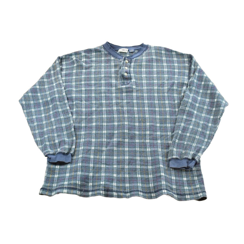 Vintage 1990s Plaid Henley Long Sleeve Thermal Shirt Men's L