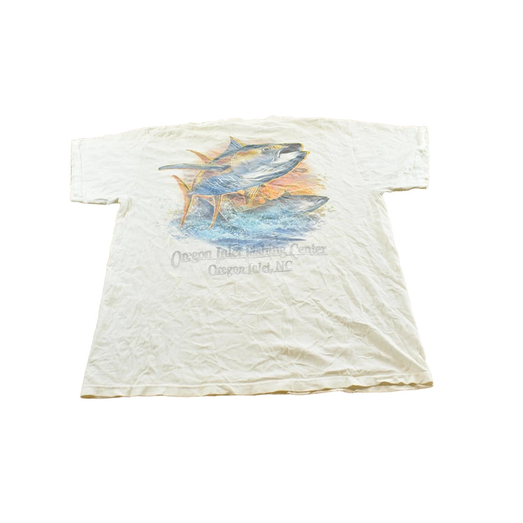 Vintage 1990s Thrashed Oregon Inlet Fishing Center North Carolina Tuna Fishing Pocket T-Shirt Men's L