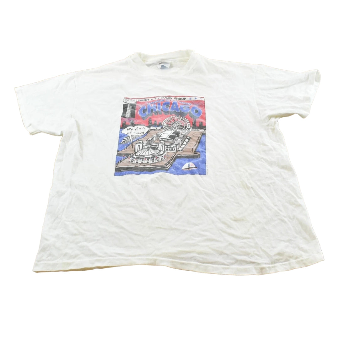 Vintage 1996 Chicago Windy Comix Navy Pier Landmark Travel Souvenir T-Shirt Men's L
