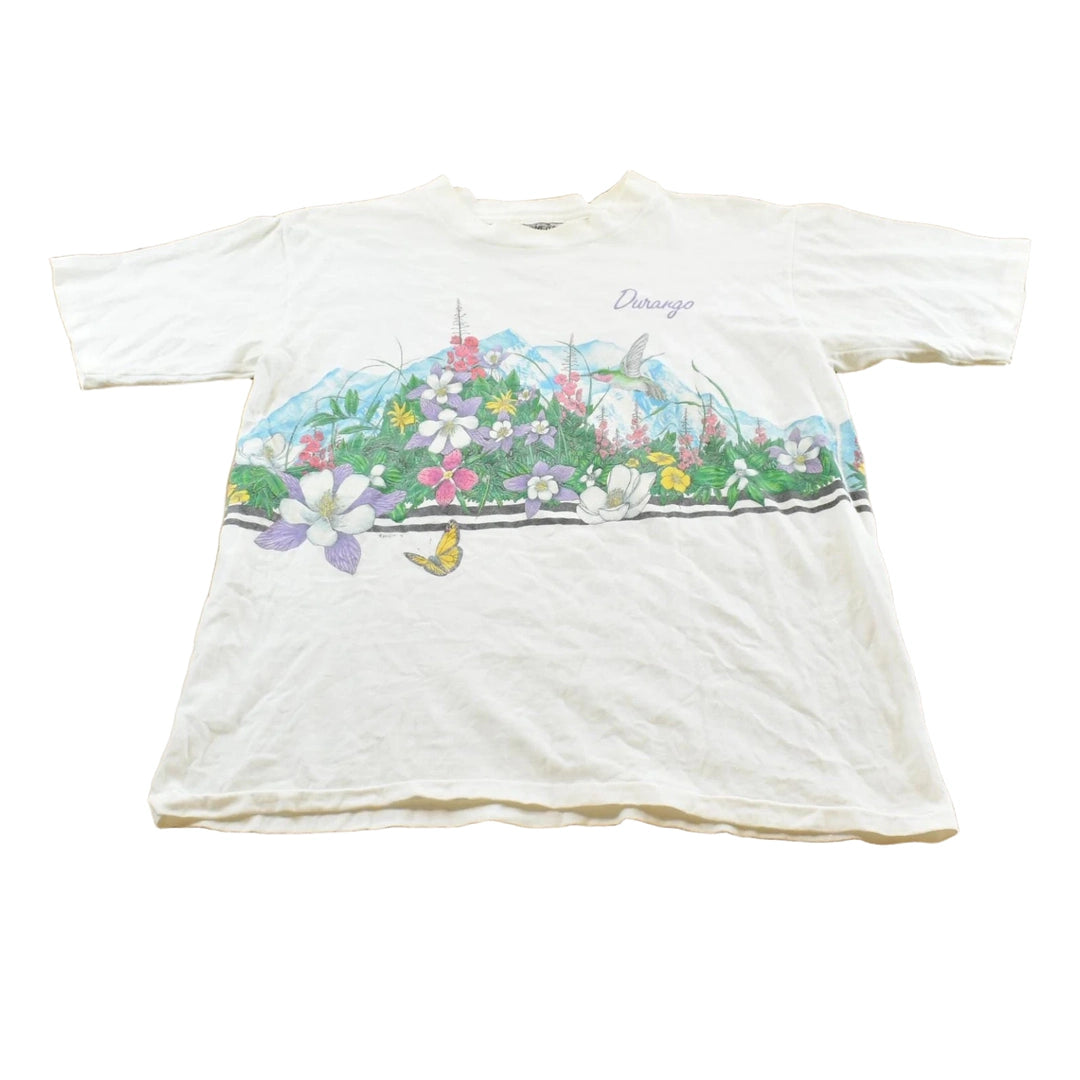 Vintage 1991 Habitat Durango Butterfly Garden Wraparound Graphic T-Shirt Men's M
