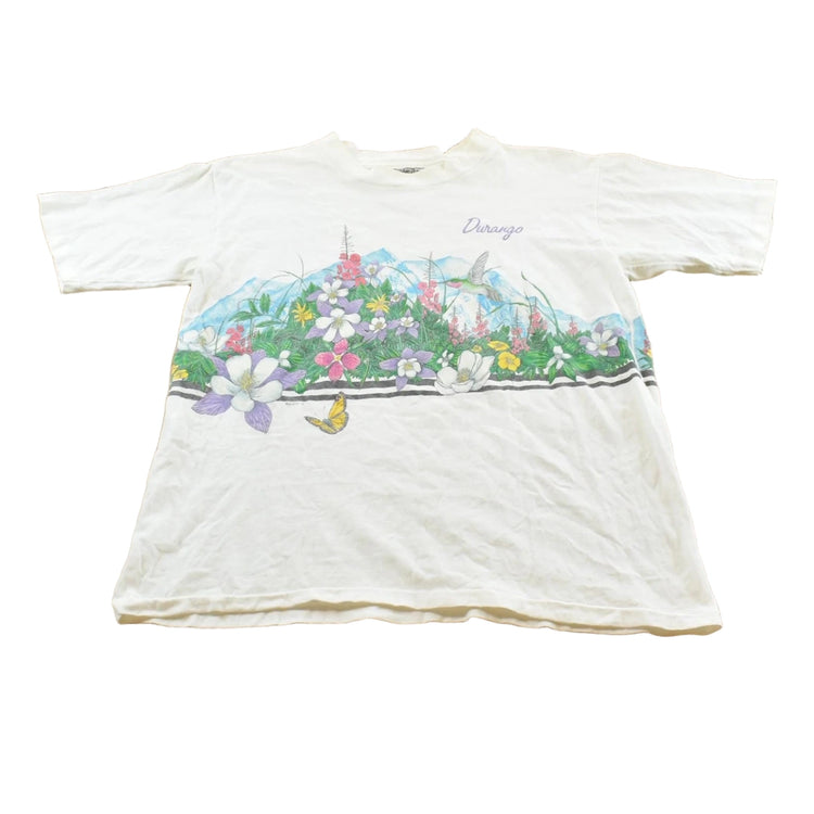 Vintage 1991 Habitat Durango Butterfly Garden Wraparound Graphic T-Shirt Men's M