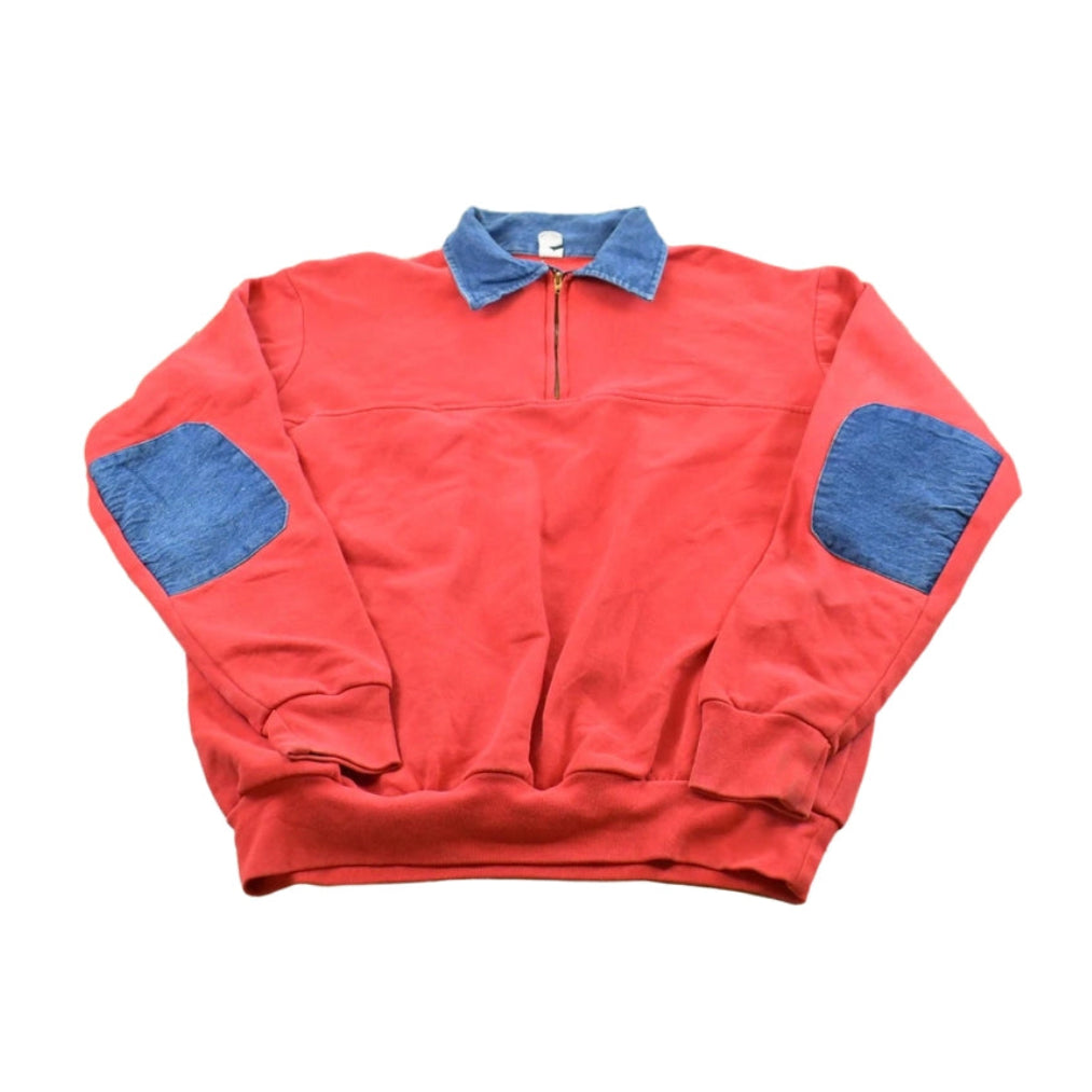 True Vintage 1970s Quarter Zip Denim Accents Collared Sweatshirt Men's XL