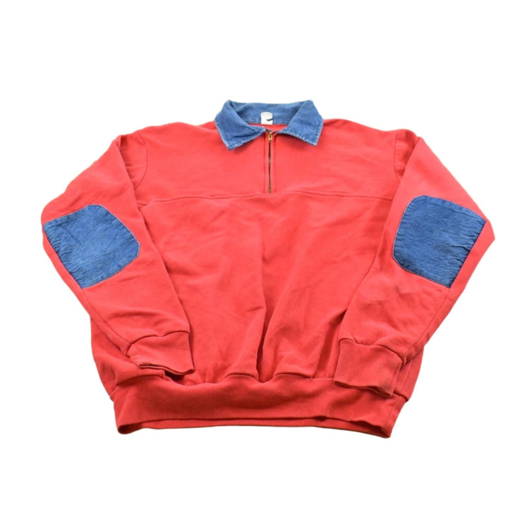 True Vintage 1970s Quarter Zip Denim Accents Collared Sweatshirt Men's XL