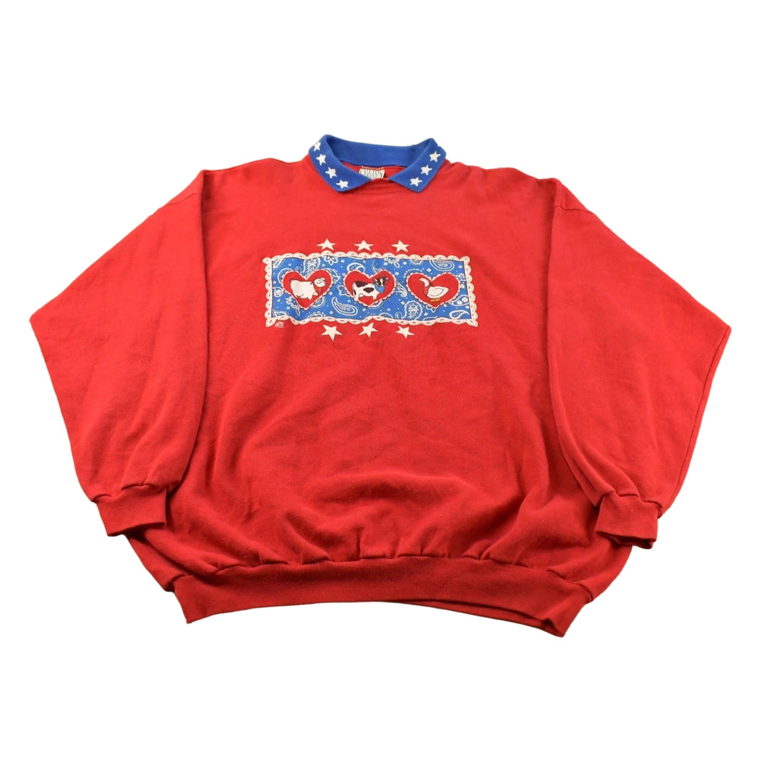 Vintage 1990s Cotton Grove Hearts Cute Collared Sweatshirt Women's 3XL